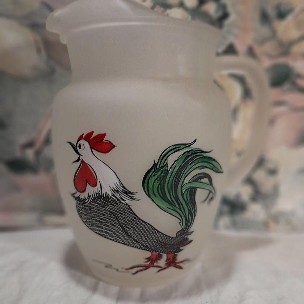 Vintage Hazel Atlas Frosted Glass Rooster Pitcher Set 🐓🍹